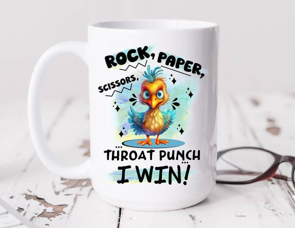 Sassy Mug Rock, Paper, Scissors, Throat Punch, I WIN!