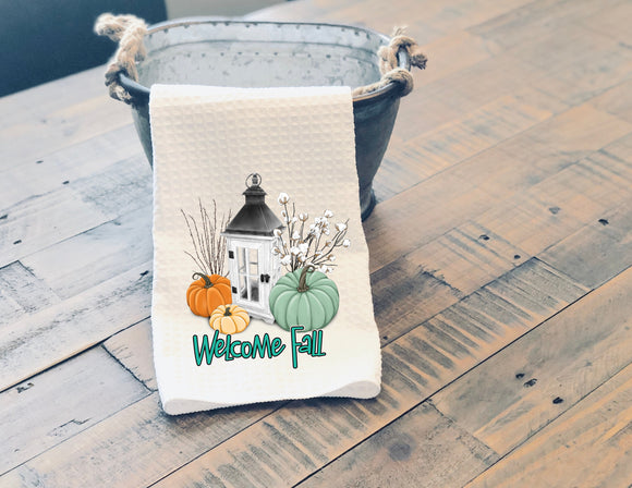 Fall Sassy Kitchen Towel Welcome Fall Teal