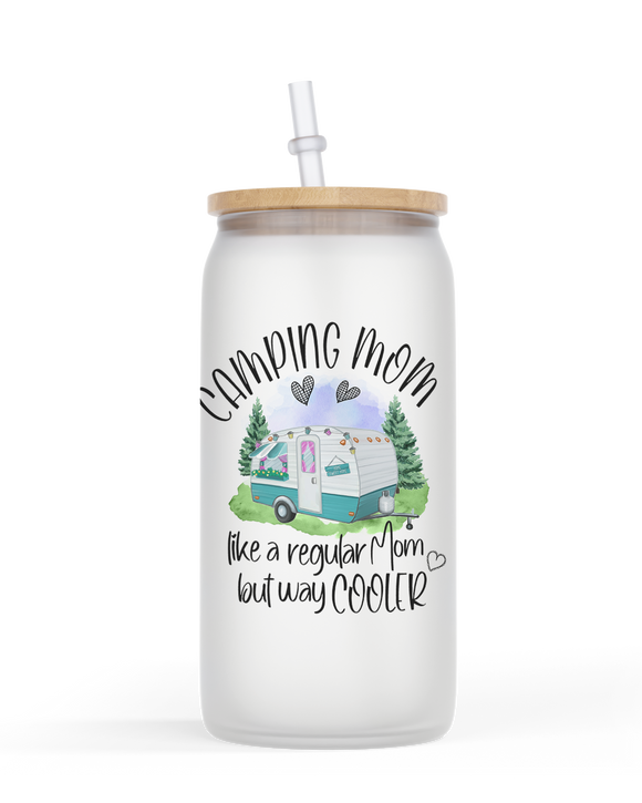 16oz Frosted or Clear Glass Jar Style Camping Mom