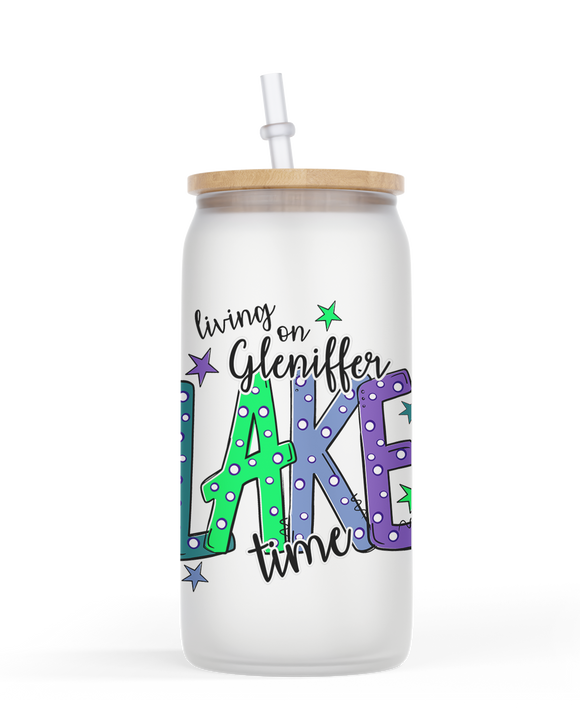 16oz Glass Frosted or Clear Drink Jar Living On Gleniffer Lake Time 2 designs available