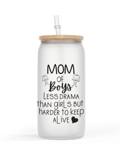 16oz Frosted or Clear Glass Jar Style Mom Of Boys
